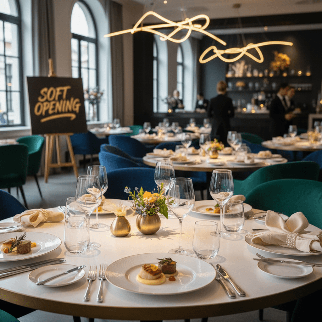 Elegantly styled restaurant soft opening with dramatic tablescapes and curated food presentation