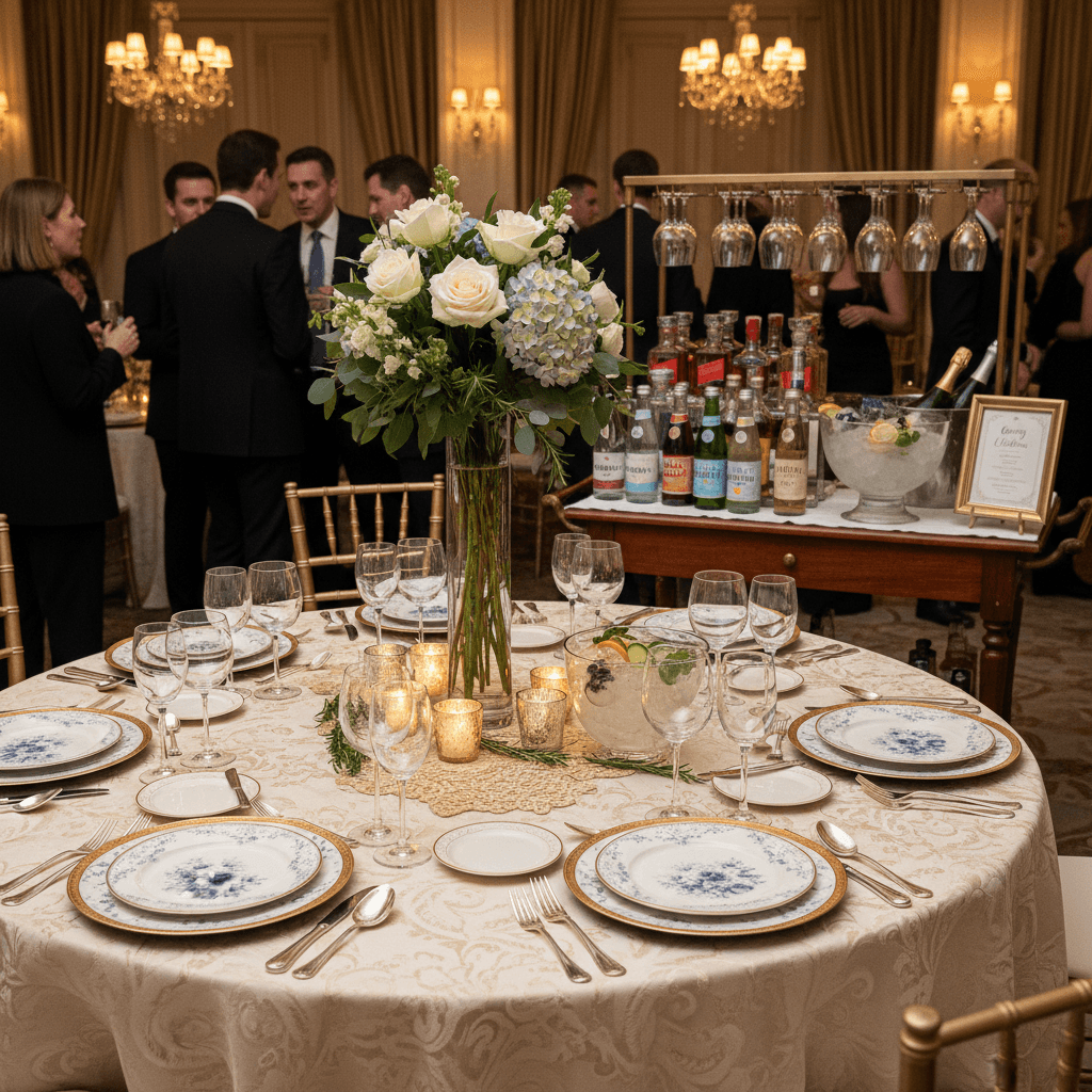 Sophisticated event styling showcasing tables as main focal point with quality details