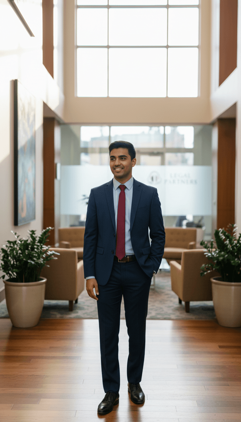 Confident young professional man standing in modern law office hallway with natural daylight