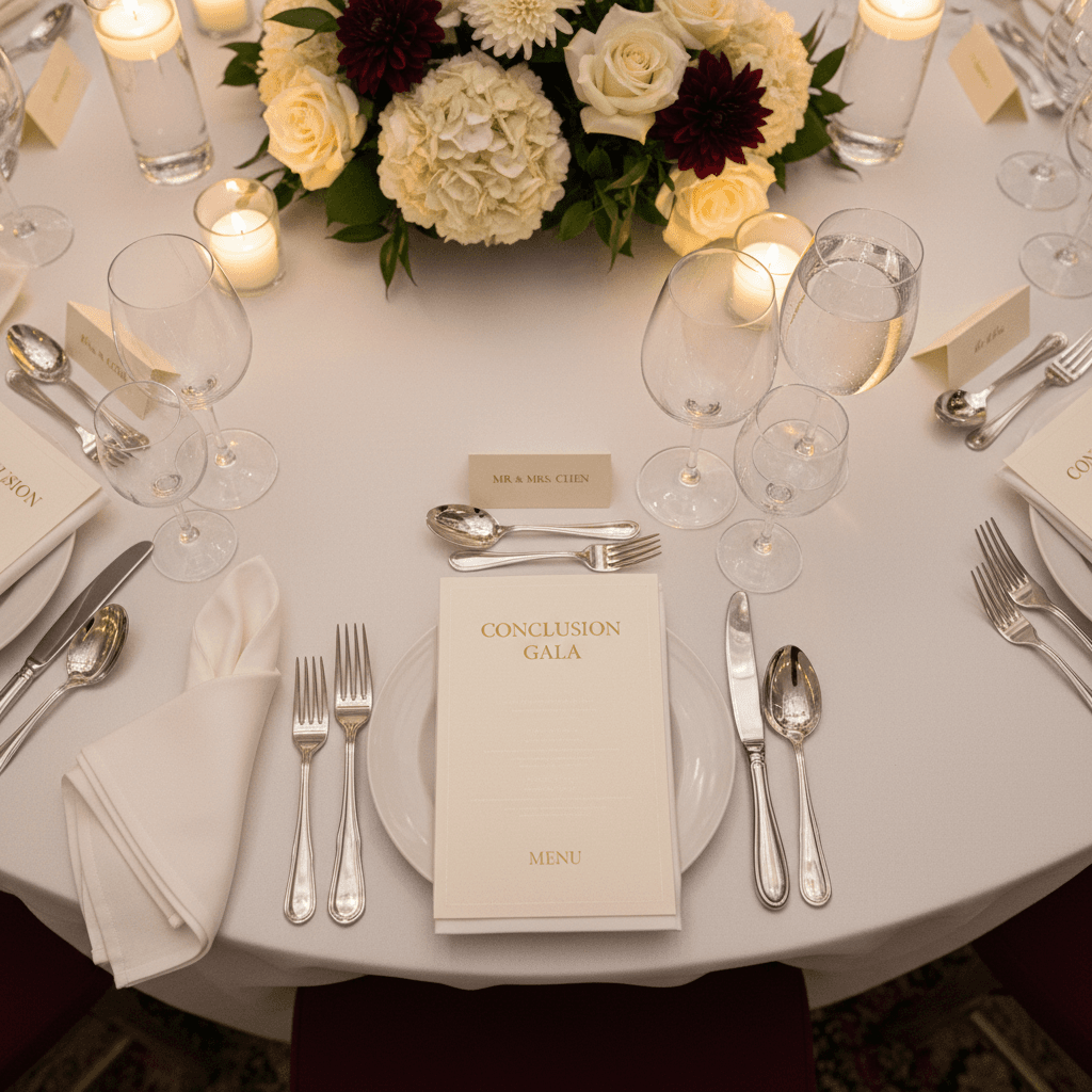 Elegantly arranged formal dinner place setting with fine linens, silverware, and glassware at luxury event venue