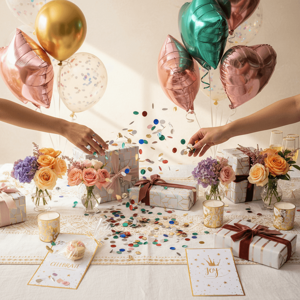 Overhead view of decorated birthday table with confetti, balloons, gifts, and flowers arranged with natural lighting