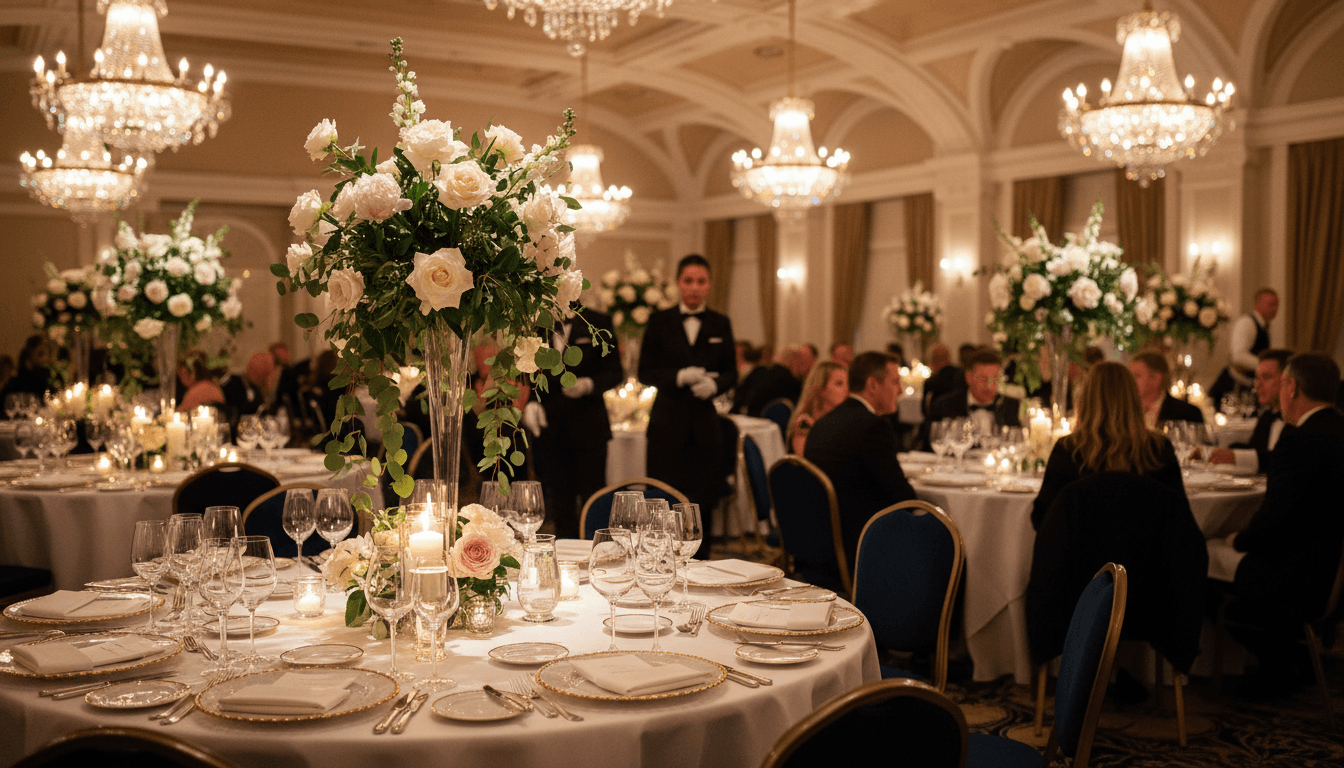 Elegant banquet hall with multiple round tables set with fine linens, crystal glasses, and floral centerpieces illuminated by warm chandeliers
