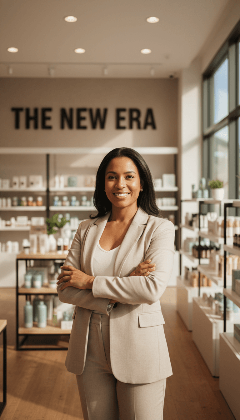 Business owner standing confidently in retail storefront wearing professional attire with warm natural window lighting