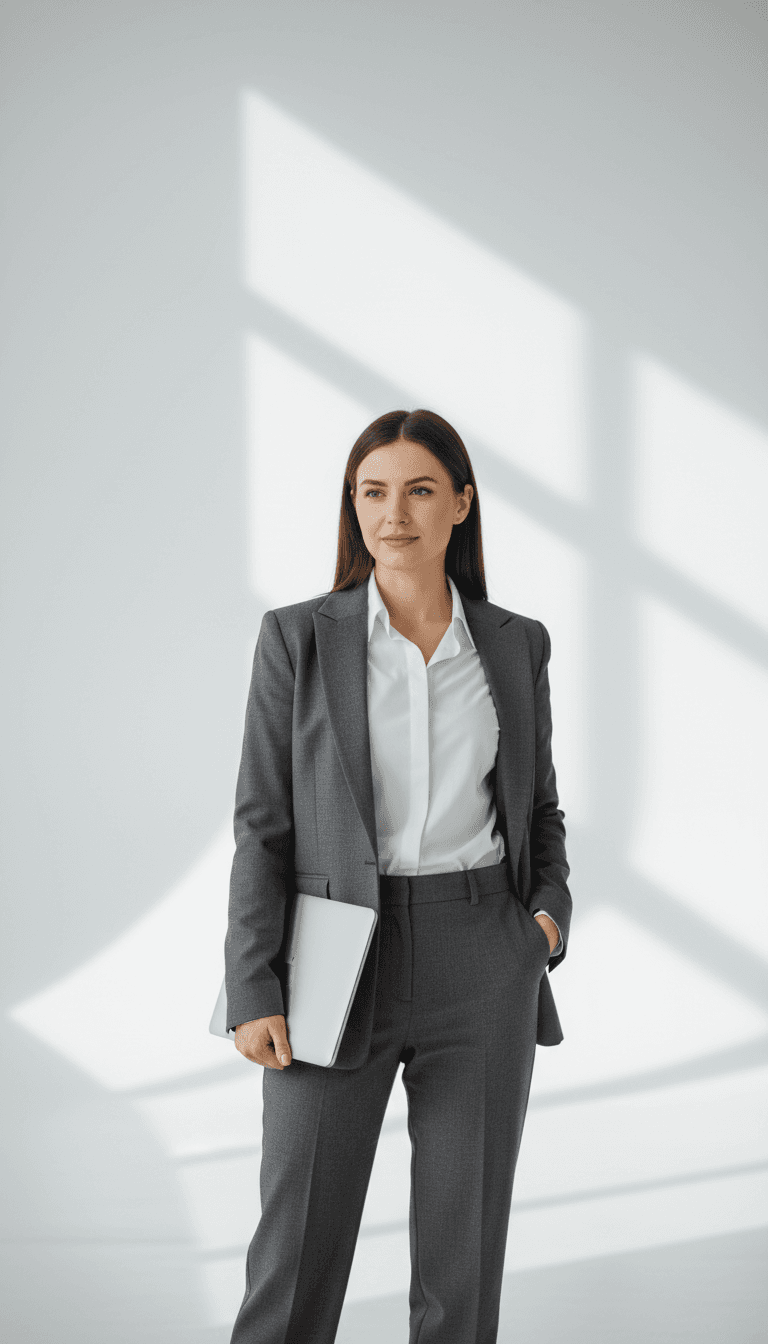 Professional woman in white shirt and blazer standing confidently with laptop, minimalist studio background