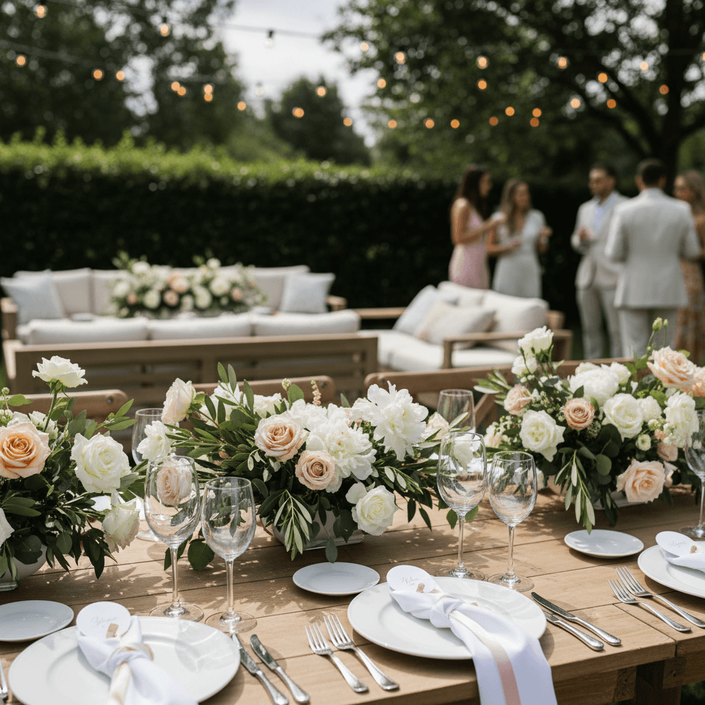 Outdoor event table setting with floral centerpiece, champagne glasses, and garden party ambiance in natural daylight